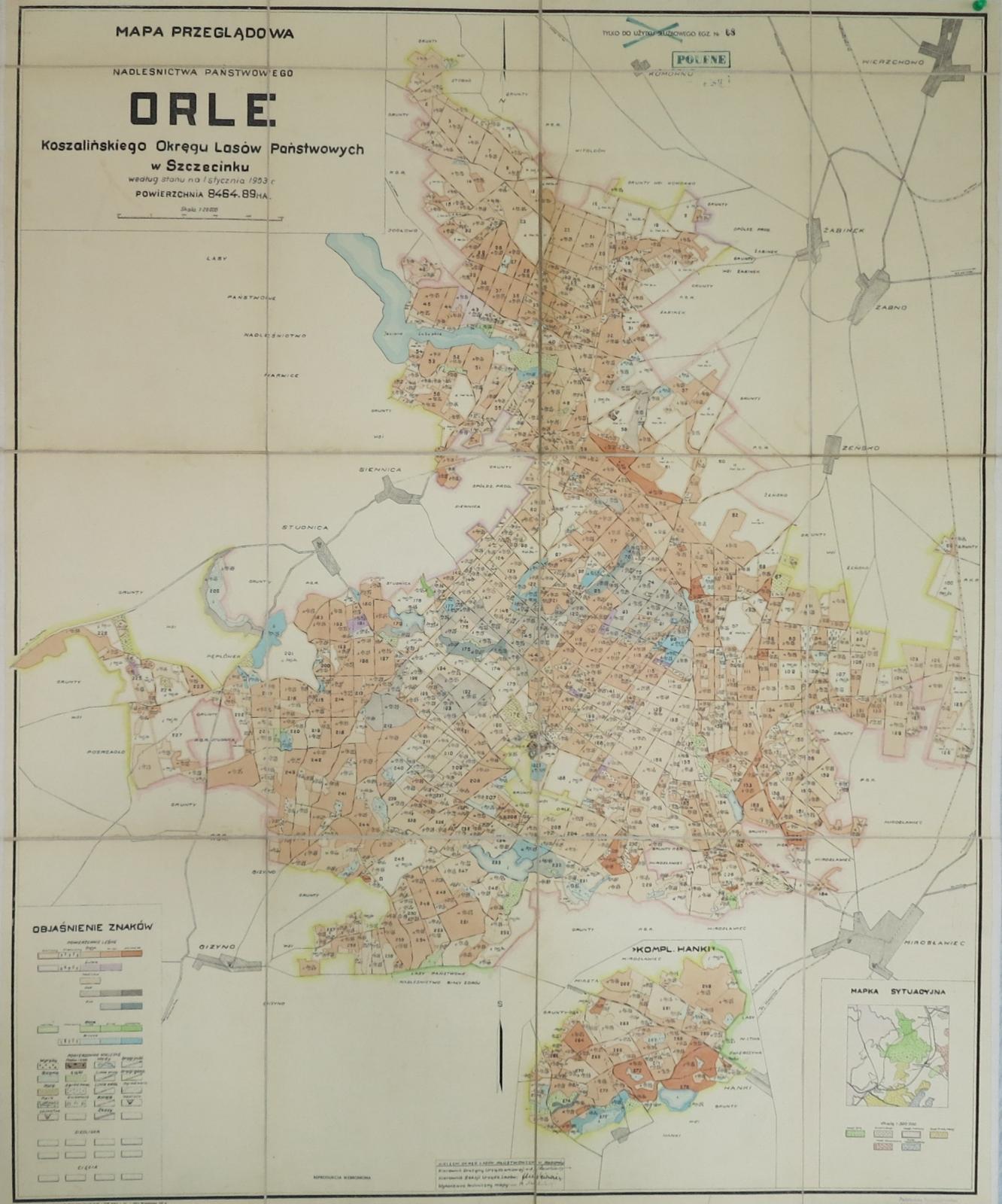 Mapa przeglądowa Nadleśnictwa Państwowego Orle Koszalińskiego Okręgu Lasów Państwowych w Szczecinku wg. stanu na 1.01.1953 r.