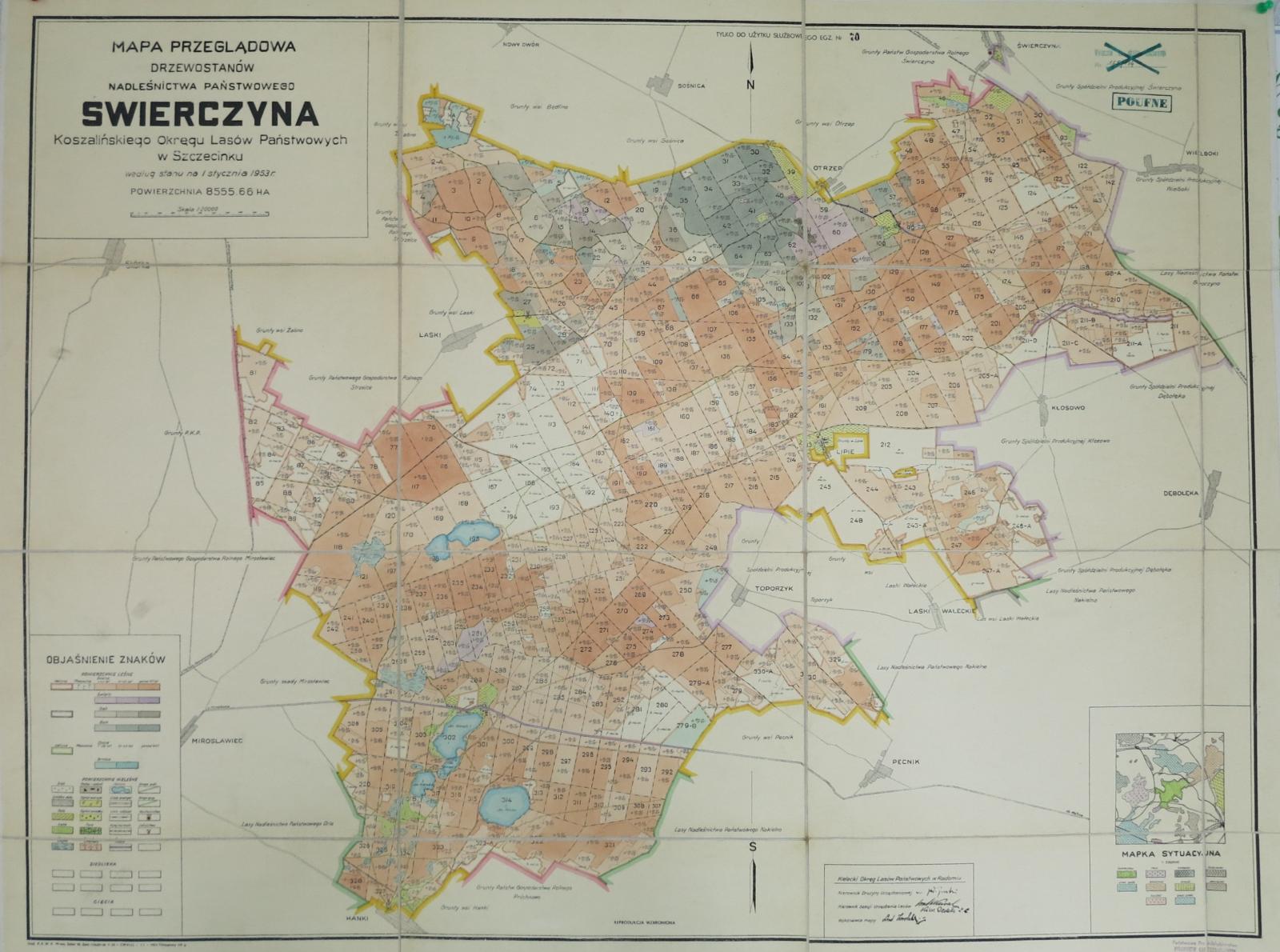 Mapa przeglądowa drzewostanów Nadleśnictwa Państwowego Świerczyna Koszalińskiego Okręgu Lasów Państwowych w Szczecinku wg. stanu na 1.01.1953 r.